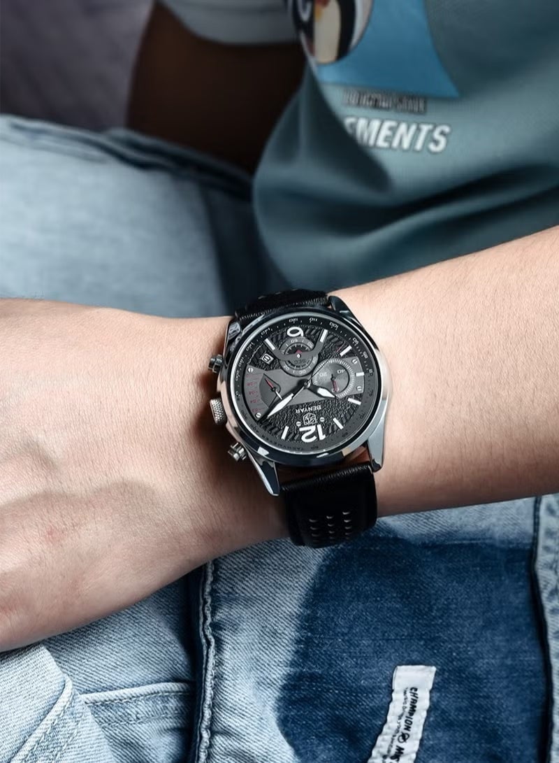 BENYAR Men's Quartz Watches Genuine Leather Sports Wrist Watch for Men Waterproof,Silver Black - Image 2